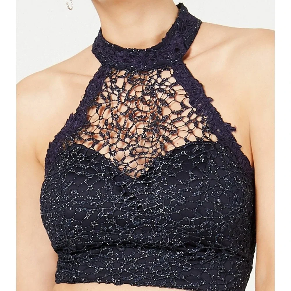 Sequin Hearts Navy Blue Lace Halter Crop Top Size 0‎ NWT - Picture 10 of 10